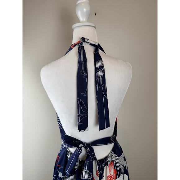 Vintage Hawaii Nei Blue Red Knit Hawaiian Floral 70’s Maxi Gown Halter Dress 14 - Picture 7 of 11